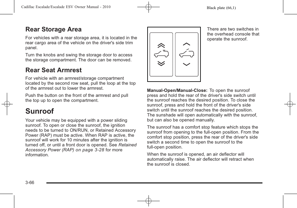 Rear storage area, Rear seat armrest, Sunroof | Sunroof -66, Rear storage area -66 rear seat armrest -66 | Cadillac 2010 Escalade User Manual | Page 190 / 620