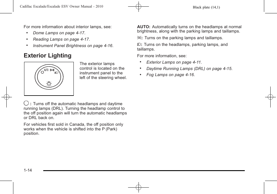 Exterior lighting, Exterior lighting -14 | Cadillac 2010 Escalade User Manual | Page 20 / 620