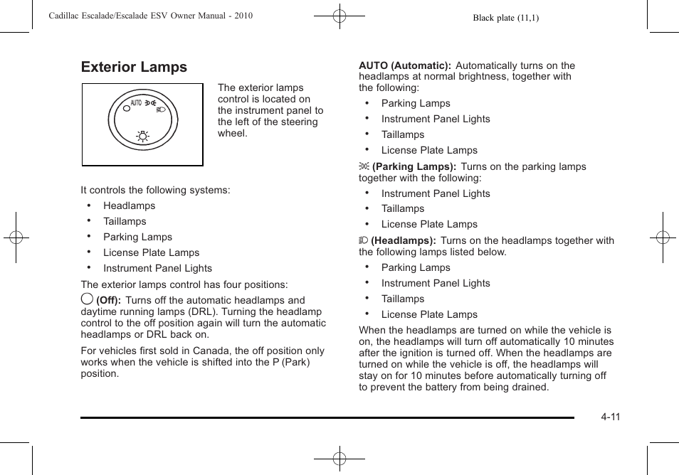 Exterior lamps, Exterior lamps -11 | Cadillac 2010 Escalade User Manual | Page 203 / 620