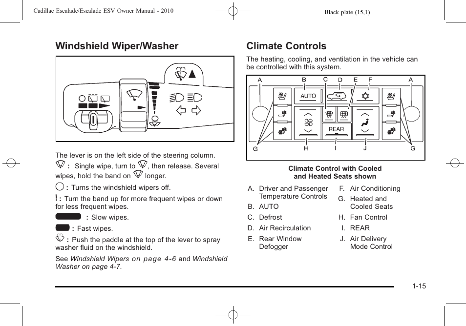 Windshield wiper/washer, Climate controls, Windshield wiper/washer -15 climate controls -15 | Cadillac 2010 Escalade User Manual | Page 21 / 620
