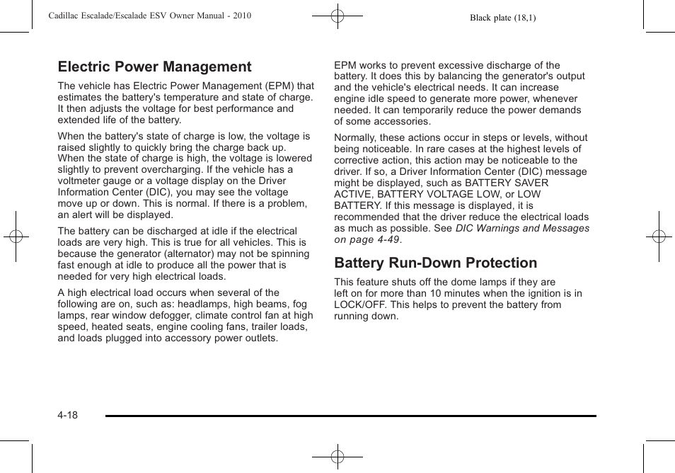 Electric power management, Battery run-down protection | Cadillac 2010 Escalade User Manual | Page 210 / 620