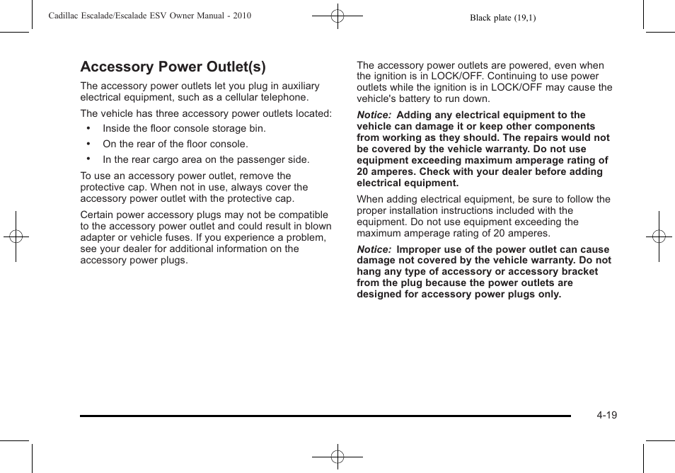 Accessory power outlet(s), Accessory power outlet(s) -19 | Cadillac 2010 Escalade User Manual | Page 211 / 620