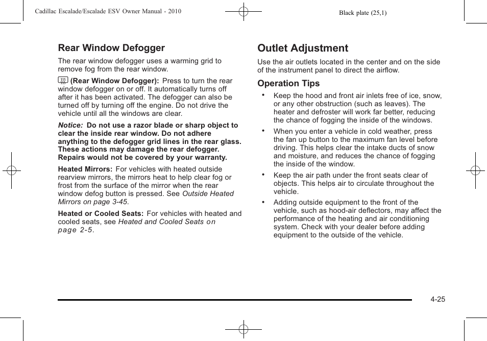 Outlet adjustment, Outlet adjustment -25, Rear window defogger | Cadillac 2010 Escalade User Manual | Page 217 / 620