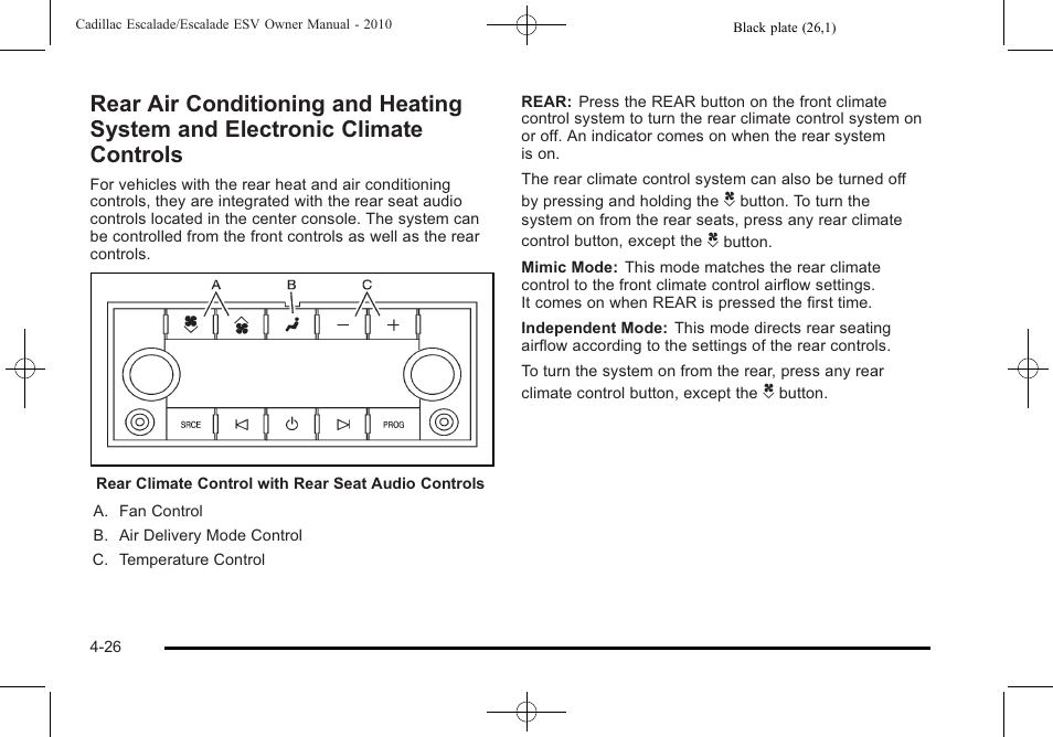 Rear air conditioning and heating system and, Electronic climate controls -26 | Cadillac 2010 Escalade User Manual | Page 218 / 620