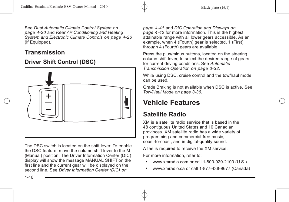 Transmission, Vehicle features, Satellite radio | Vehicle features -16, Windows, Transmission -16, Satellite radio -16, Driver shift control (dsc) | Cadillac 2010 Escalade User Manual | Page 22 / 620