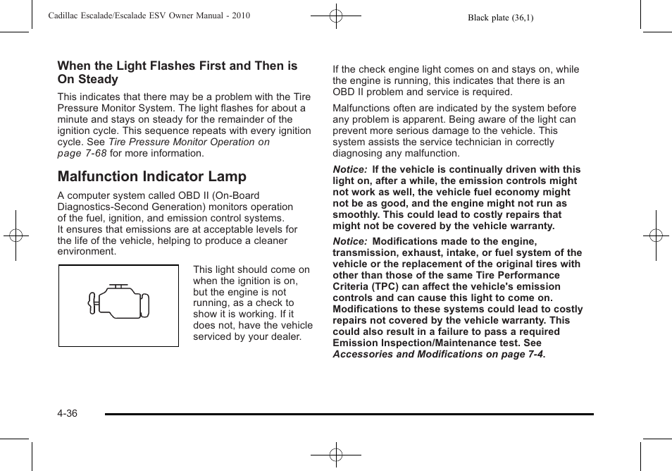 Malfunction indicator lamp, Malfunction indicator lamp -36 | Cadillac 2010 Escalade User Manual | Page 228 / 620