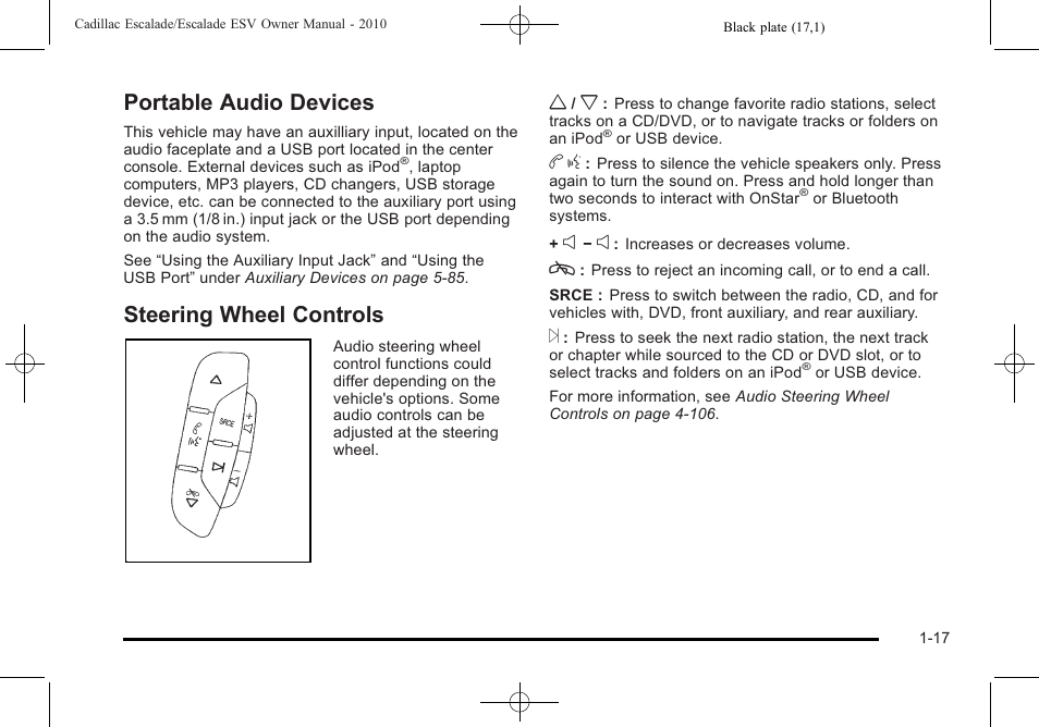 Portable audio devices, Steering wheel controls | Cadillac 2010 Escalade User Manual | Page 23 / 620