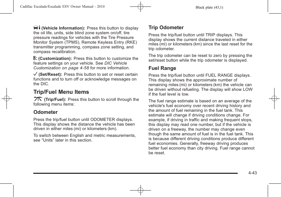Trip/fuel menu items 3 | Cadillac 2010 Escalade User Manual | Page 235 / 620