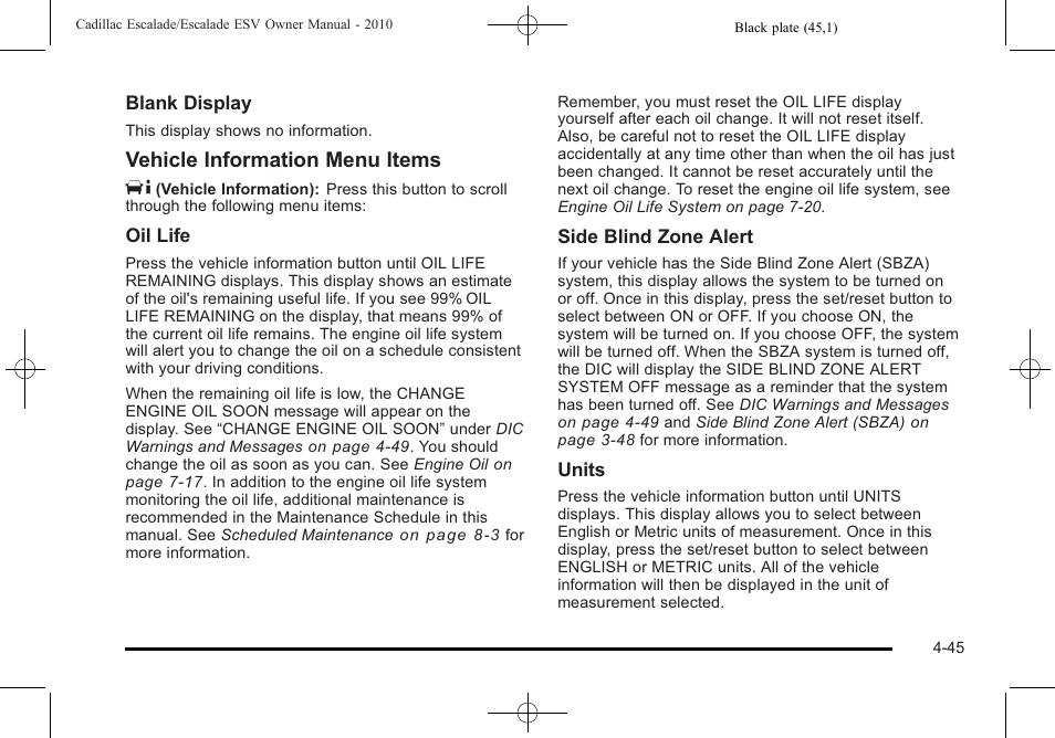 Vehicle information menu items t | Cadillac 2010 Escalade User Manual | Page 237 / 620