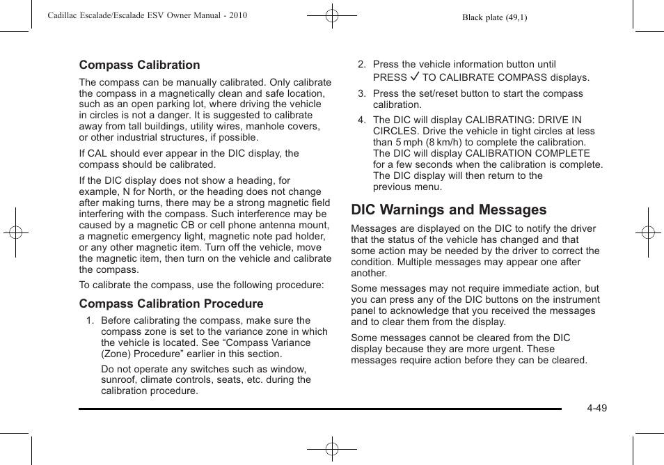 Dic warnings and messages, Dic warnings and messages -49 | Cadillac 2010 Escalade User Manual | Page 241 / 620