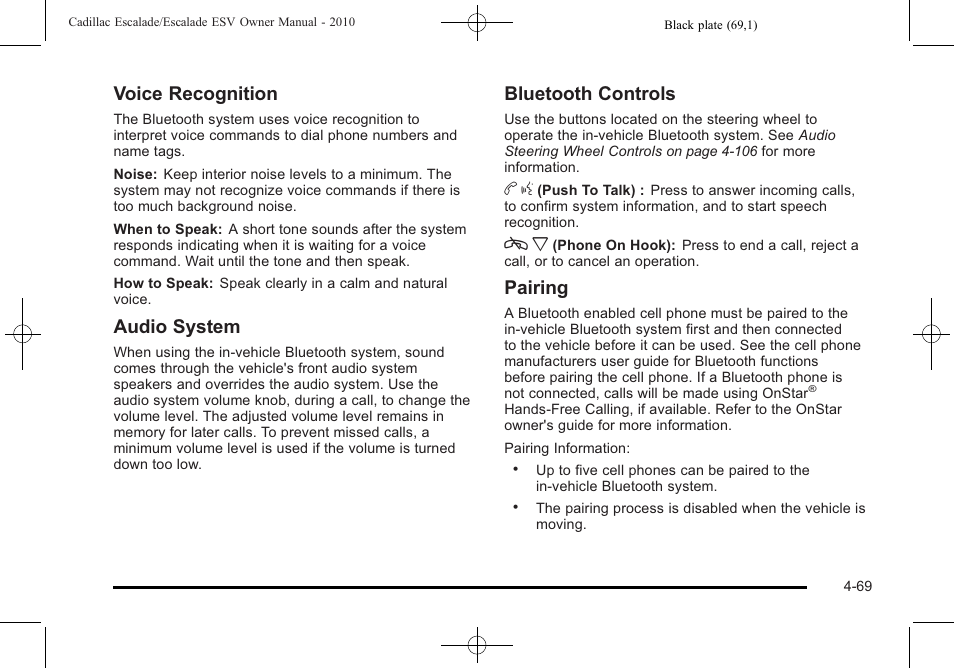 Voice recognition, Audio system, Bluetooth controls | Pairing | Cadillac 2010 Escalade User Manual | Page 261 / 620