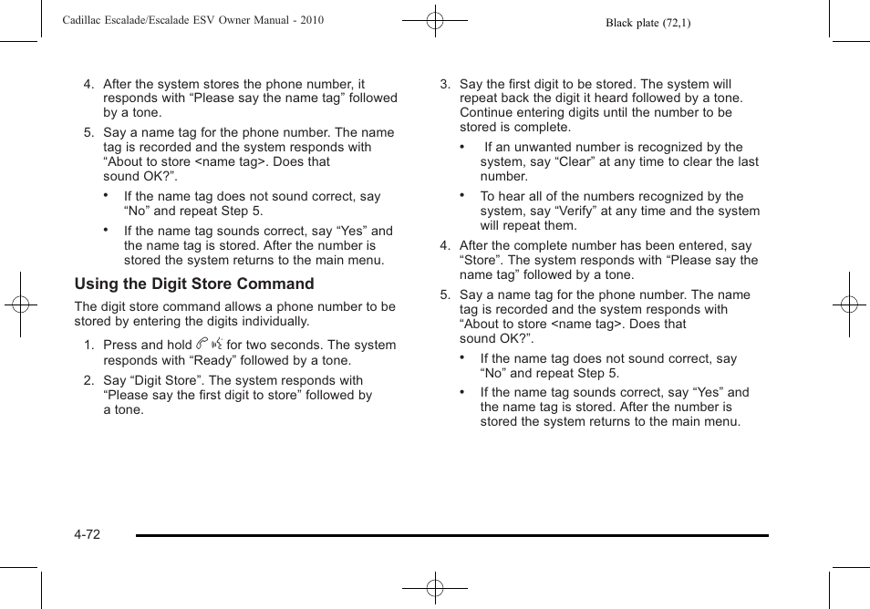 Using the digit store command | Cadillac 2010 Escalade User Manual | Page 264 / 620