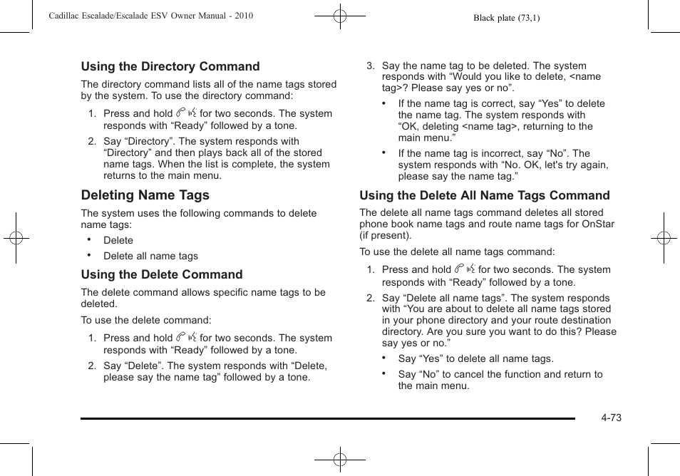 Deleting name tags | Cadillac 2010 Escalade User Manual | Page 265 / 620