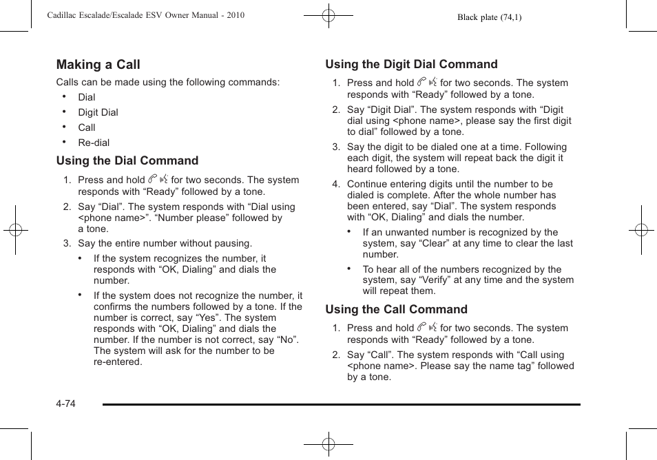 Making a call | Cadillac 2010 Escalade User Manual | Page 266 / 620