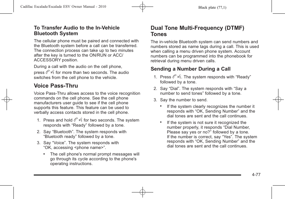 Voice pass-thru, Dual tone multi-frequency (dtmf) tones | Cadillac 2010 Escalade User Manual | Page 269 / 620