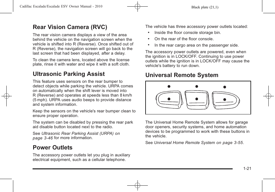 Rear vision camera (rvc), Ultrasonic parking assist, Power outlets | Universal remote system | Cadillac 2010 Escalade User Manual | Page 27 / 620