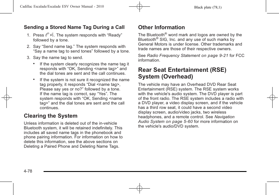 Rear seat entertainment (rse) system (overhead), Rear seat entertainment (rse) system, Overhead) -78 | Clearing the system, Other information | Cadillac 2010 Escalade User Manual | Page 270 / 620