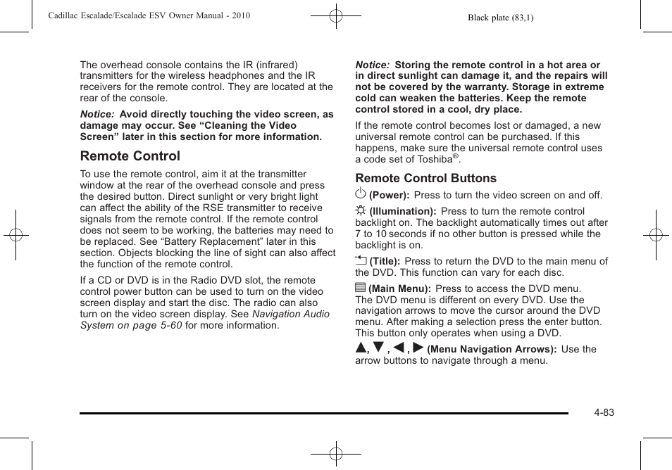 Remote control | Cadillac 2010 Escalade User Manual | Page 275 / 620