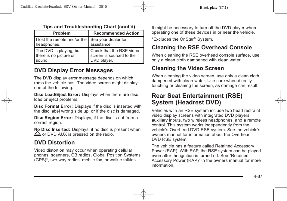 Rear seat entertainment (rse) system, Headrest dvd) -87, Dvd display error messages | Dvd distortion, Cleaning the rse overhead console, Cleaning the video screen | Cadillac 2010 Escalade User Manual | Page 279 / 620