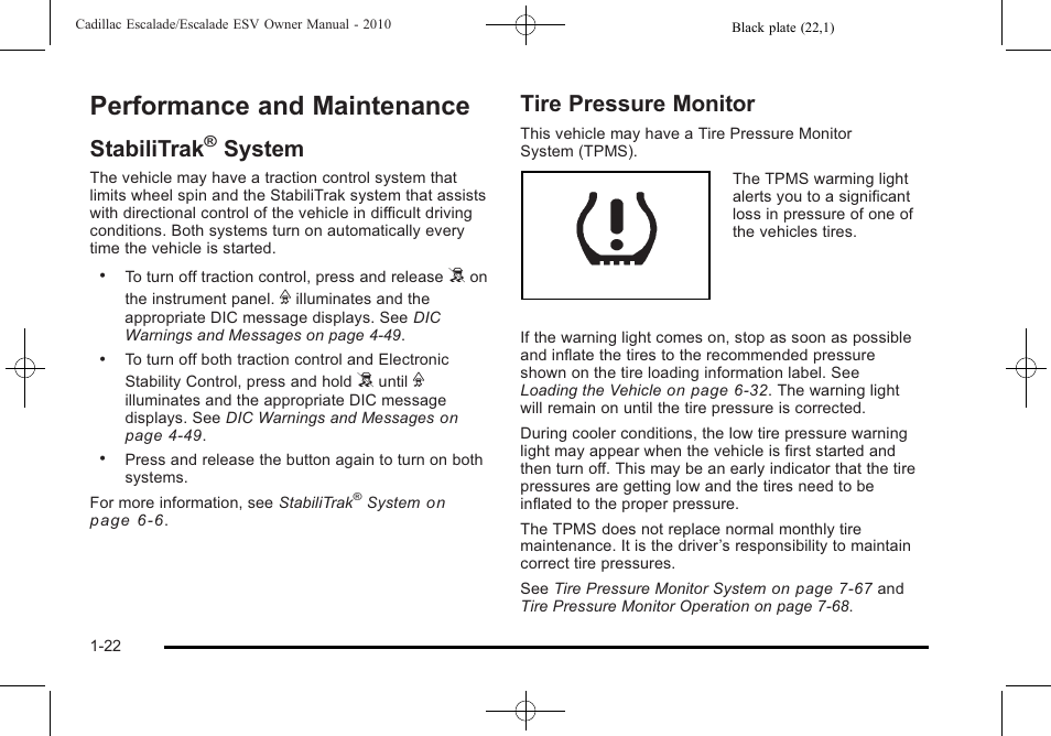 Performance and maintenance, Stabilitrak® system, Tire pressure monitor | Performance and maintenance -22, Theft-deterrent systems, Stabilitrak, System -22, Tire pressure monitor -22, System | Cadillac 2010 Escalade User Manual | Page 28 / 620