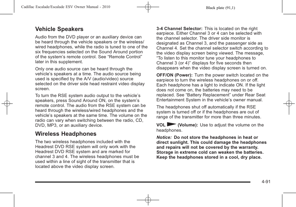 Vehicle speakers, Wireless headphones | Cadillac 2010 Escalade User Manual | Page 283 / 620