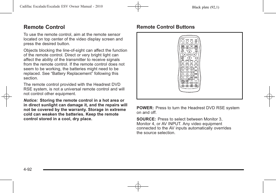 Remote control | Cadillac 2010 Escalade User Manual | Page 284 / 620