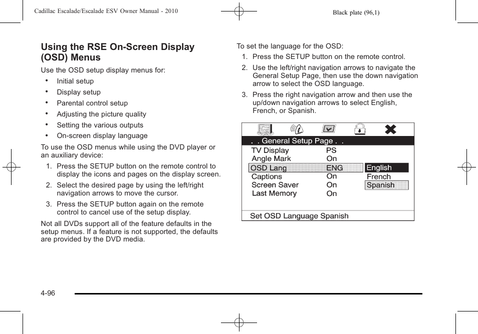 Using the rse on-screen display (osd) menus | Cadillac 2010 Escalade User Manual | Page 288 / 620