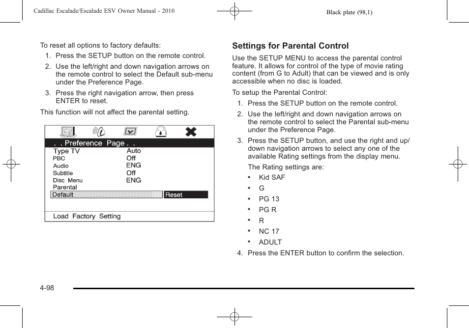 Settings for parental control | Cadillac 2010 Escalade User Manual | Page 290 / 620