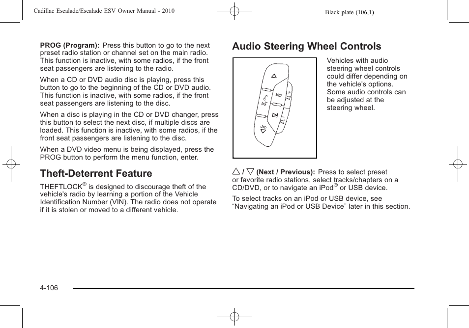 Theft-deterrent feature, Audio steering wheel controls | Cadillac 2010 Escalade User Manual | Page 298 / 620