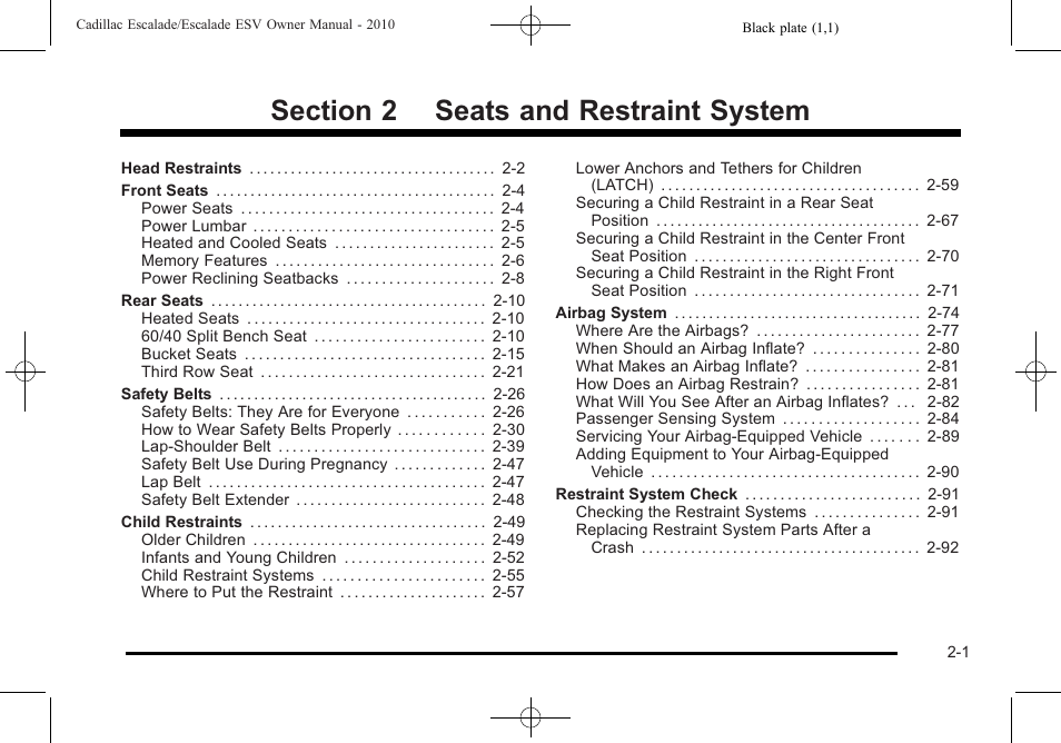 Seats and restraint system, Seats and restraint system -1 | Cadillac 2010 Escalade User Manual | Page 33 / 620