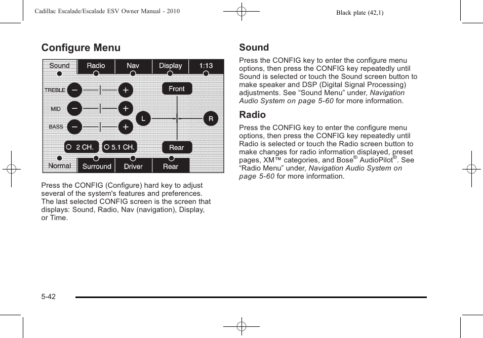 Configure menu, Configure menu -42, Auxiliary | Configure menu on, Sound, Radio | Cadillac 2010 Escalade User Manual | Page 344 / 620