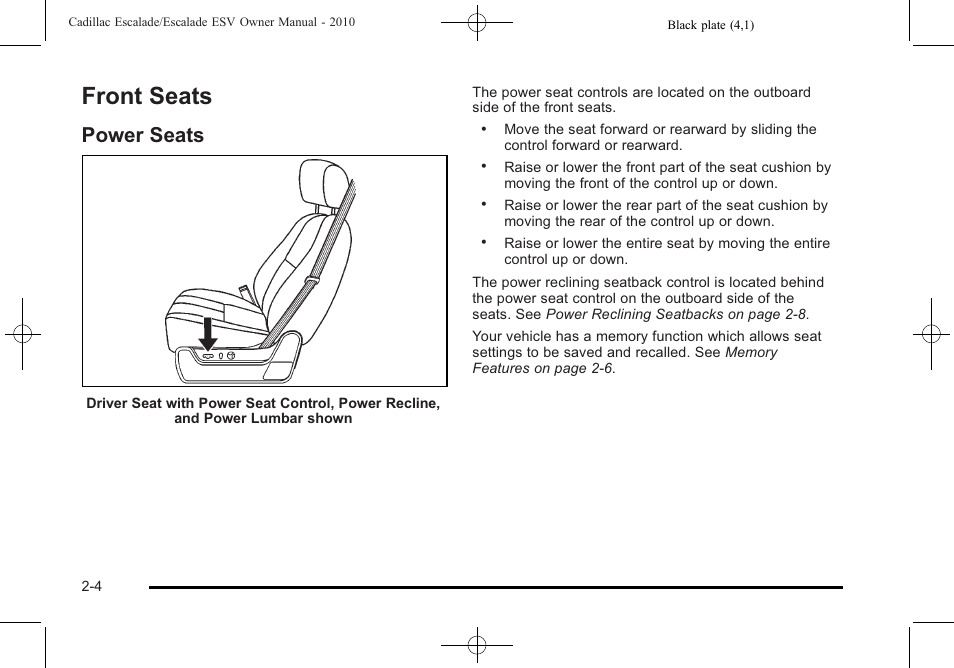 Front seats, Power seats, Front seats -4 | Universal, Power seats -4 | Cadillac 2010 Escalade User Manual | Page 36 / 620