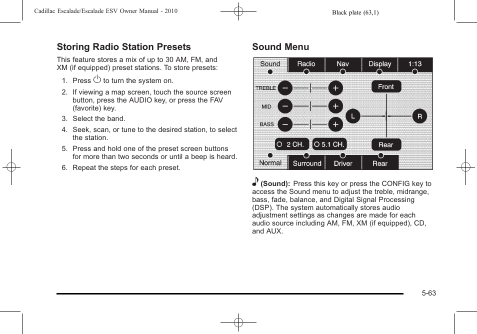 Storing radio station presets, Sound menu e | Cadillac 2010 Escalade User Manual | Page 365 / 620