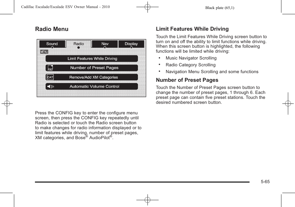 Radio menu, Limit features while driving, Number of preset pages | Cadillac 2010 Escalade User Manual | Page 367 / 620