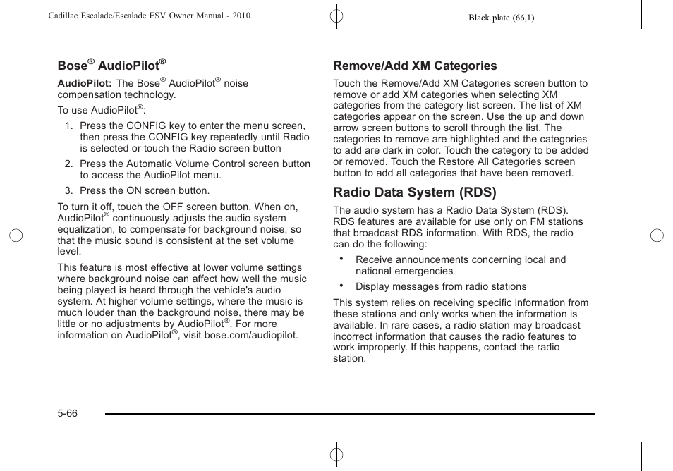 Radio data system (rds), Bose, Audiopilot | Remove/add xm categories | Cadillac 2010 Escalade User Manual | Page 368 / 620