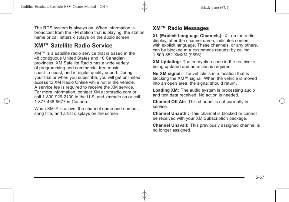 Xm™ satellite radio service | Cadillac 2010 Escalade User Manual | Page 369 / 620