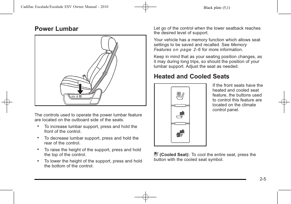 Power lumbar, Heated and cooled seats, Power lumbar -5 heated and cooled seats -5 | Cadillac 2010 Escalade User Manual | Page 37 / 620