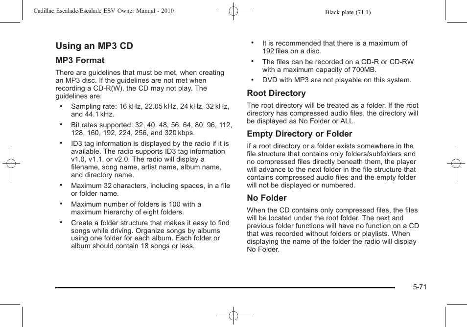 Using an mp3 cd, Mp3 format, Root directory | Empty directory or folder, No folder | Cadillac 2010 Escalade User Manual | Page 373 / 620