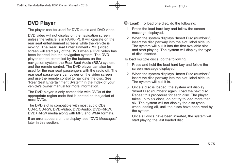 Dvd player, Dvd player -75 | Cadillac 2010 Escalade User Manual | Page 377 / 620