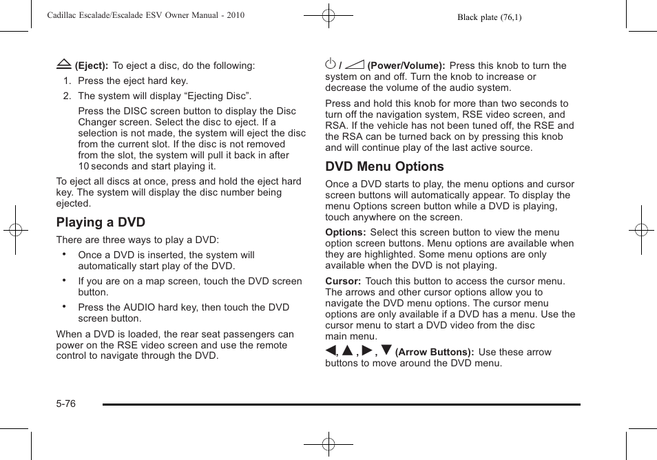 Playing a dvd, Dvd menu options | Cadillac 2010 Escalade User Manual | Page 378 / 620
