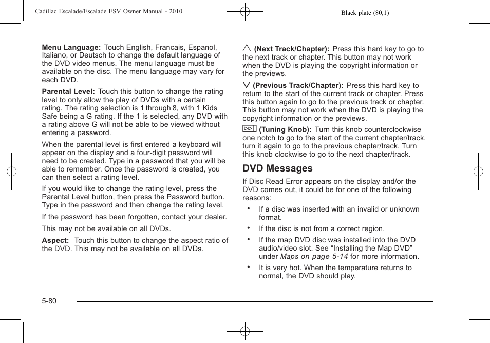 Dvd messages | Cadillac 2010 Escalade User Manual | Page 382 / 620