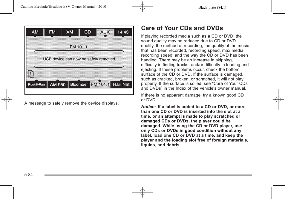 Care of your cds and dvds, Of your cds and dvds -84 | Cadillac 2010 Escalade User Manual | Page 386 / 620
