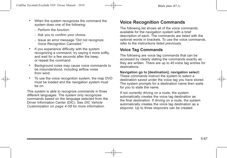 Voice recognition commands, Voice tag commands | Cadillac 2010 Escalade User Manual | Page 389 / 620