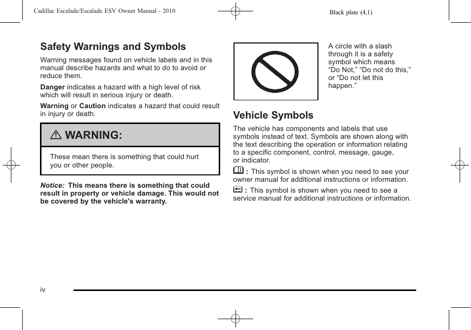 Safety warnings and symbols, Vehicle symbols, Warning | Cadillac 2010 Escalade User Manual | Page 4 / 620
