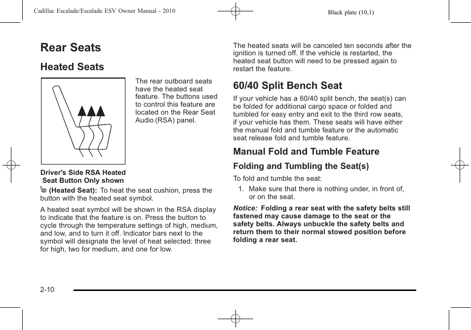 Rear seats, Heated seats, 60/40 split bench seat | Rear seats -10, Heated seats -10 60/40 split bench seat -10, Where, Manual fold and tumble feature | Cadillac 2010 Escalade User Manual | Page 42 / 620