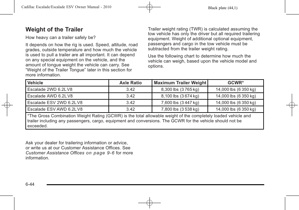 Weight of the trailer | Cadillac 2010 Escalade User Manual | Page 436 / 620