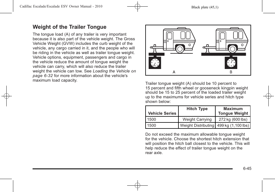 Weight of the trailer tongue | Cadillac 2010 Escalade User Manual | Page 437 / 620