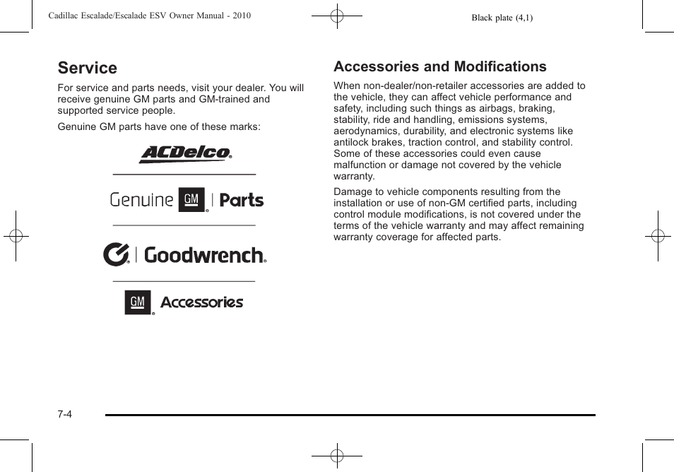 Service, Accessories and modifications, Service -4 | Accessories and modifications -4 | Cadillac 2010 Escalade User Manual | Page 452 / 620