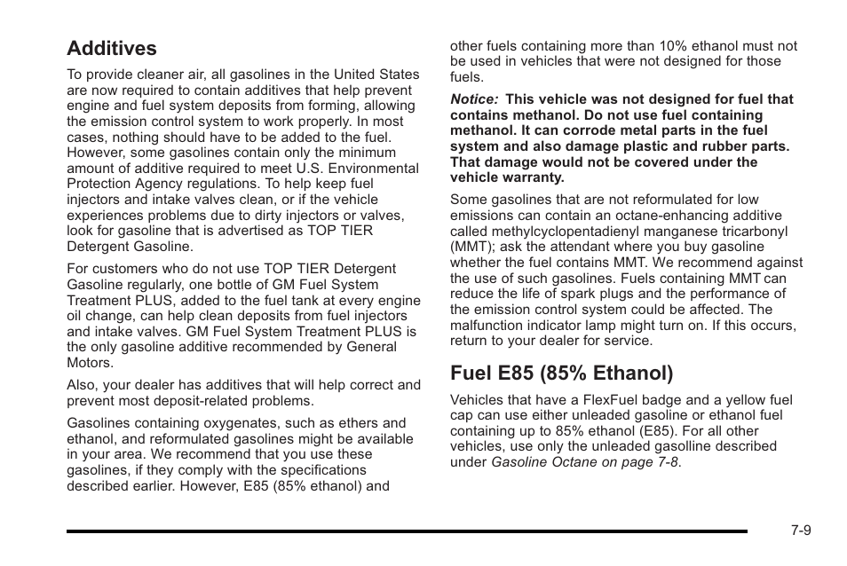 Additives, Fuel e85 (85% ethanol), Additives -9 fuel e85 (85% ethanol) -9 | Cadillac 2010 Escalade User Manual | Page 457 / 620