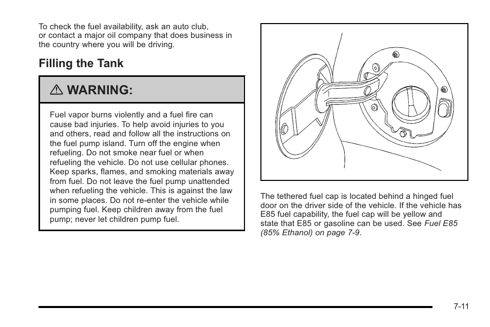 Filling the tank, Filling the tank -11, Warning | Cadillac 2010 Escalade User Manual | Page 459 / 620